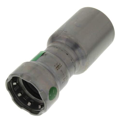 Silver metal press reducer fitting with green indicator marks on cylindrical body and ribbed grip section.