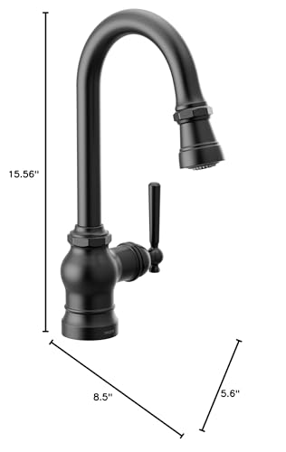 Matte black single-handle pulldown bar faucet with curved spout and side lever control.