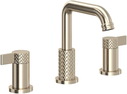 Satin nickel three-piece widespread lavatory faucet with U-shaped spout and crosshatch-textured handles.