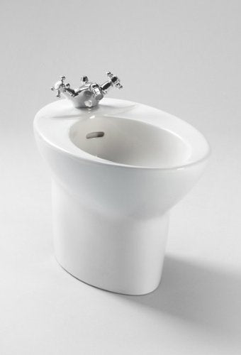 White ceramic bidet with oval rim and chrome cross-handle faucet mounted on top rim, center drain opening visible.
