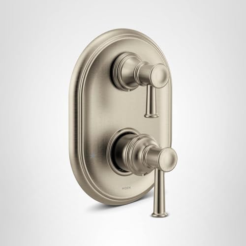 Brushed nickel shower trim with two stacked handles and oval backplate mounted on white background.