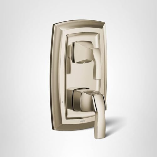Polished nickel two-handle shower trim with rectangular escutcheon plate and integrated transfer valve.