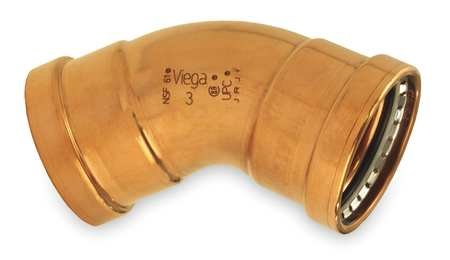 Copper 45-degree press elbow fitting with Viega branding and size markings on curved surface.