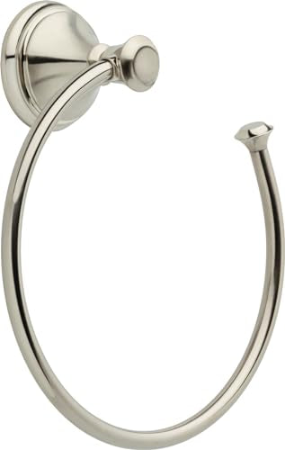 Polished nickel towel ring with circular mounting plate and knob finial.