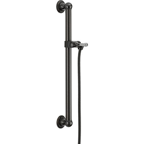 Chrome slide bar with adjustable hand shower holder and wall-mounted brackets for bathroom use.