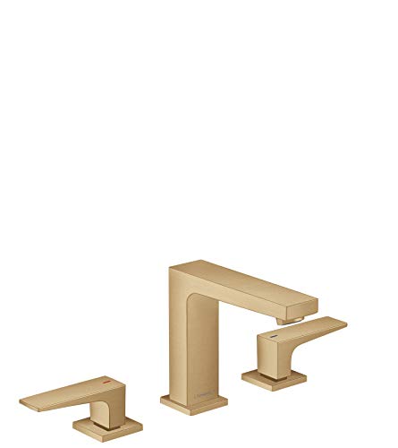 Brushed bronze widespread faucet with two lever handles, tall spout, and matching pop-up drain assembly.