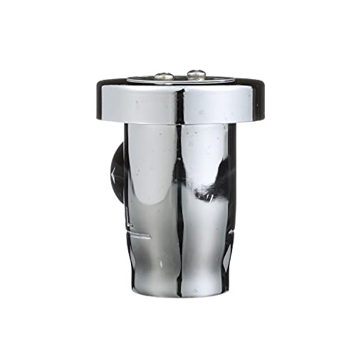 Chrome vacuum breaker with cylindrical body, black cap and mounting bracket visible against white background.