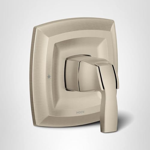 Moen Voss brushed nickel single-handle valve trim kit with curved square escutcheon plate and lever handle.