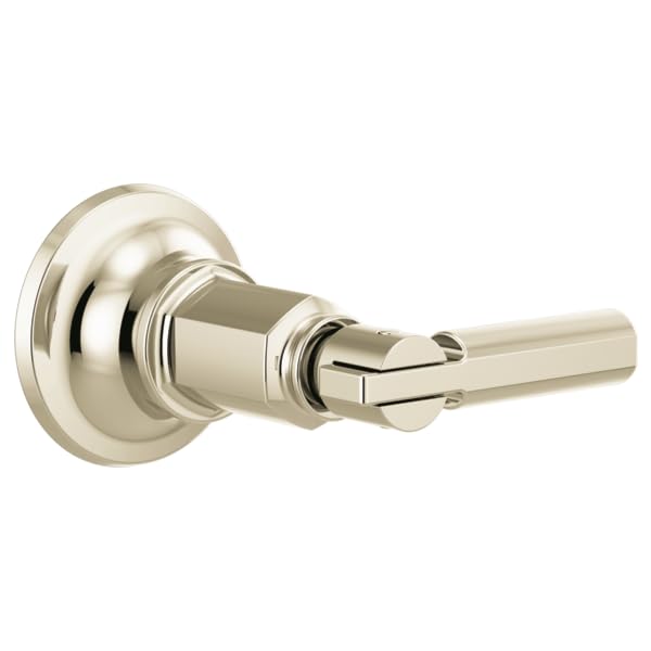 Polished nickel lever handle volume control trim with circular escutcheon plate and cylindrical body.