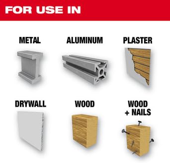 Milwaukee Hole Dozer bi-metal hole saw with six material application icons: metal, aluminum, plaster, drywall, wood, and wood