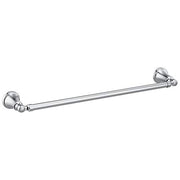 Polished chrome towel bar with decorative round mounting flanges on each end.