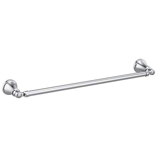 Polished chrome towel bar with decorative round mounting flanges on each end.