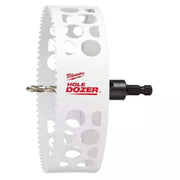 Milwaukee HOLE DOZER 6" bi-metal hole saw with serrated edge and black arbor attachment.