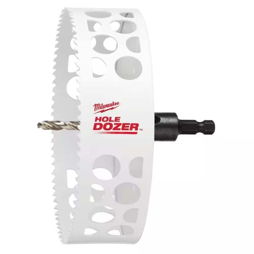 Milwaukee HOLE DOZER 6" bi-metal hole saw with serrated edge and black arbor attachment.