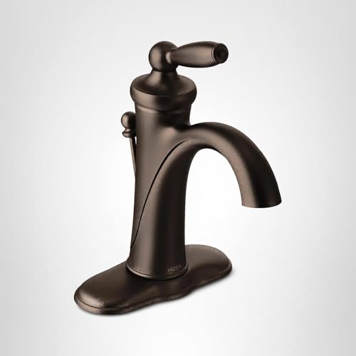 Oil rubbed bronze single-handle bathroom faucet with curved spout and matching base plate.