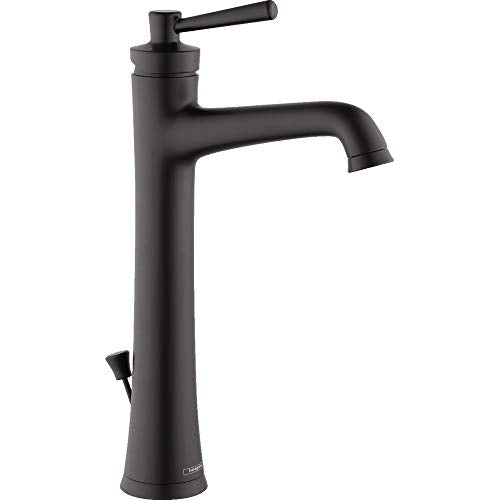 Matte black single-hole bathroom faucet with curved spout and left-side lever handle.