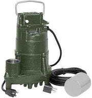 Green cylindrical sump pump with handle, discharge hose, power cord, and float switch.