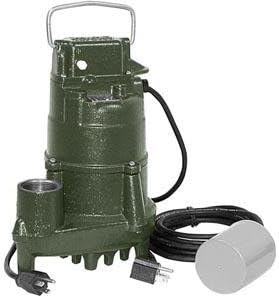 Green cylindrical sump pump with handle, discharge hose, power cord, and float switch.