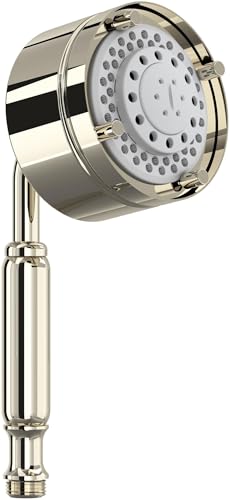 Polished nickel handheld showerhead with white spray face and elongated handle featuring decorative bands.
