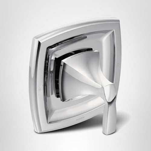 Chrome valve trim with curved square escutcheon plate and single lever handle for Posi Temp shower valve.