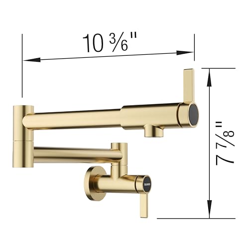 Satin gold potfiller faucet with folding arm and single lever handle, shown from front view with dimensions.