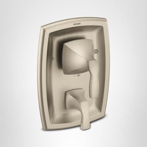 Brushed nickel shower valve trim kit with upper diverter handle and lower volume control lever.