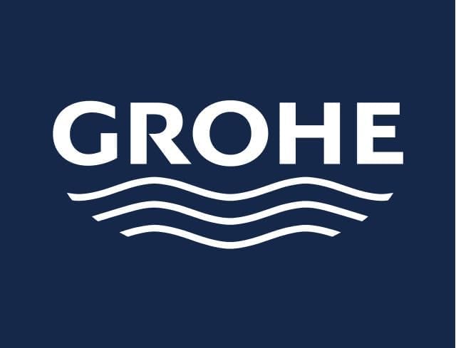 Grohe logo with white text and wavy water lines on dark blue background.
