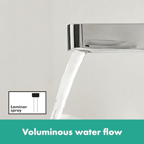 Brushed nickel single-hole bathroom faucet with angular spout and laminar spray water flow.