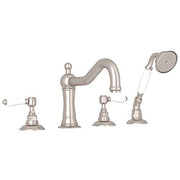 Satin nickel four-piece deck mount tub filler with curved spout, two handles, and handheld showerhead.