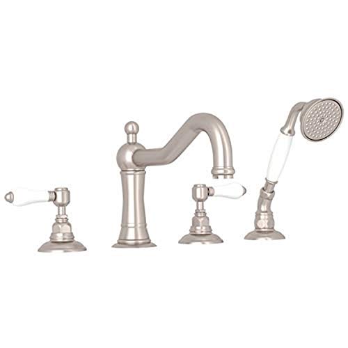 Satin nickel four-piece deck mount tub filler with curved spout, two handles, and handheld showerhead.