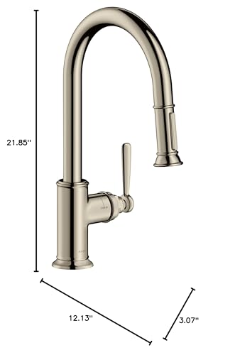 Polished nickel high-arc kitchen faucet with pull-down spray head and single lever handle, 21.85" tall.