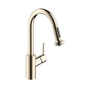 Polished nickel kitchen faucet with curved pull-down spout and single lever handle.