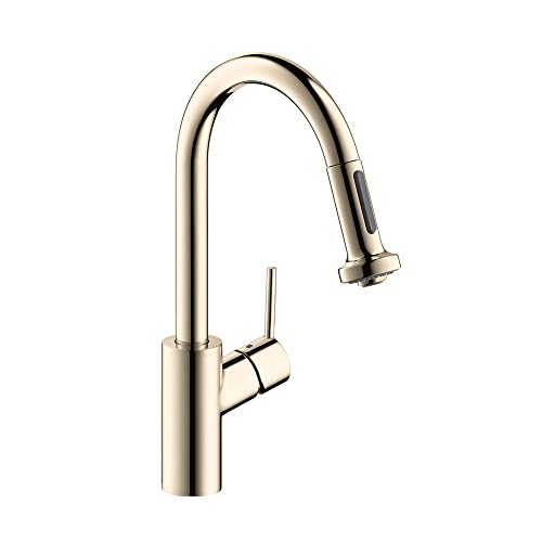 Polished nickel kitchen faucet with curved pull-down spout and single lever handle.