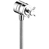 Chrome wall-mounted outlet with cross handle, check valves, and volume control valve.