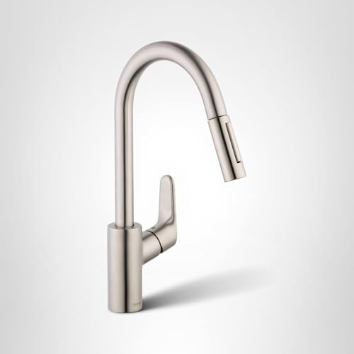 Steel Optic kitchen faucet with high arc spout and pull-down spray head.