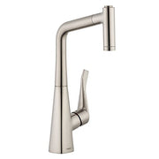 Hansgrohe Metris stainless steel high-arc kitchen faucet with pull-down spray and single lever handle.