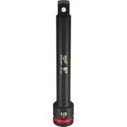Black socket extension with 1/2" drive, 6" length, Milwaukee branding and model number on shaft, red band near base.