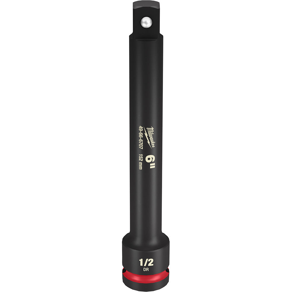 Black socket extension with 1/2" drive, 6" length, Milwaukee branding and model number on shaft, red band near base.