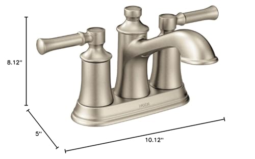 Brushed nickel two-handle centerset bathroom sink faucet with curved spout and lever handles, 8.12" height.