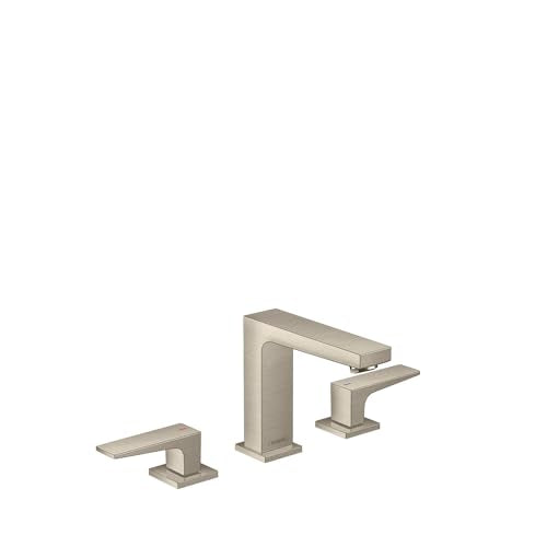 Brushed nickel three-piece widespread faucet with tall center spout and two lever handles without pop-up drain.