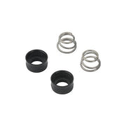 Two black rubber seats and two stainless steel coil springs for Delta faucet repair.