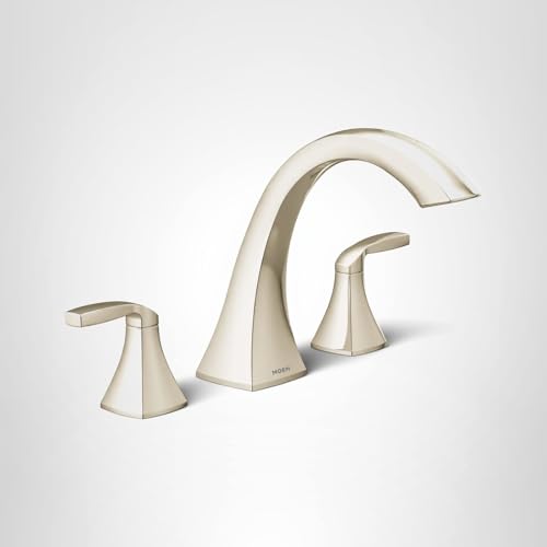 Polished nickel two-handle roman tub faucet with curved spout and matching lever handles.