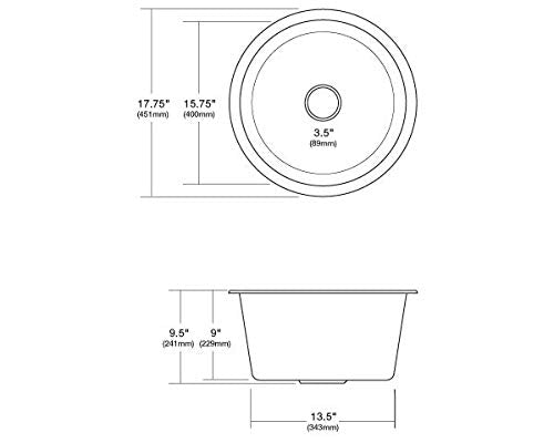 Round hammered copper bar sink with dimensions shown in top and side views, 3.5-inch drain opening.