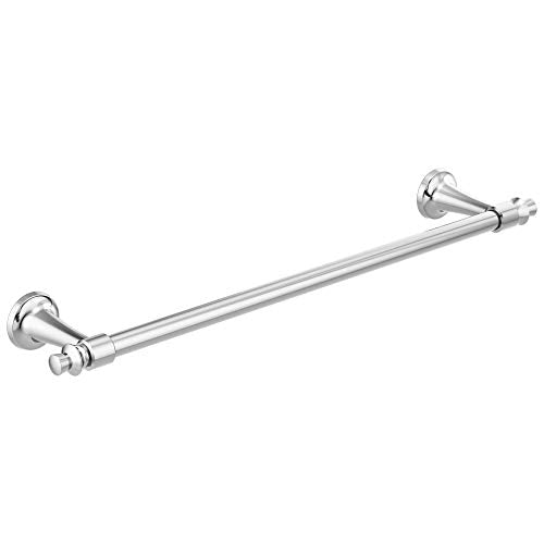 Chrome towel bar with cylindrical rod and decorative round wall mounts on each end.