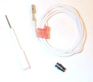 Robertshaw ignitor/sensor adapter kit components including metal probe, white tubing with red connector, and black terminal o