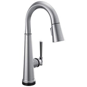 Chrome single-handle pull-down faucet with curved spout and dark handle lever on black base.