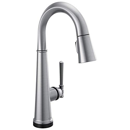 Chrome single-handle pull-down faucet with curved spout and dark handle lever on black base.