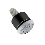 Matte black and white cylindrical shower head with threaded connector and multiple circular jet openings on front face.