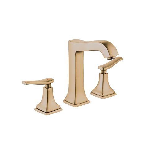 Brushed bronze three-piece widespread faucet with tall center spout and lever handles on square bases.