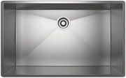 Brushed stainless steel rectangular single bowl kitchen sink with centered drain opening, viewed from above.